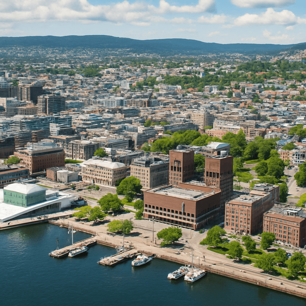 Oslo at a glance: Map-style or panoramic image showing central Oslo, the waterfront, and the main sightseeing zones.