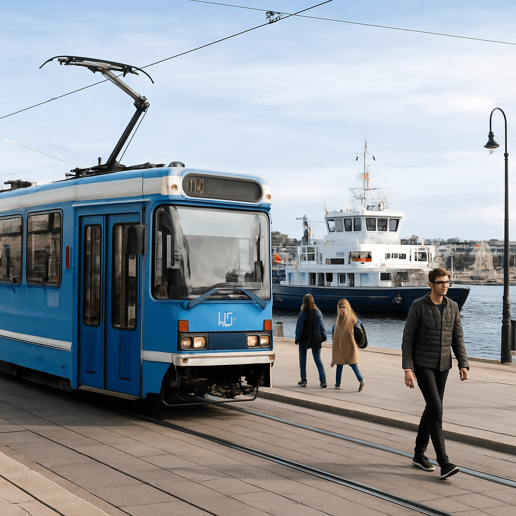 Getting to Oslo and moving around the city: Photo of a tram, ferry, or pedestrian street that helps illustrate easy city transport.