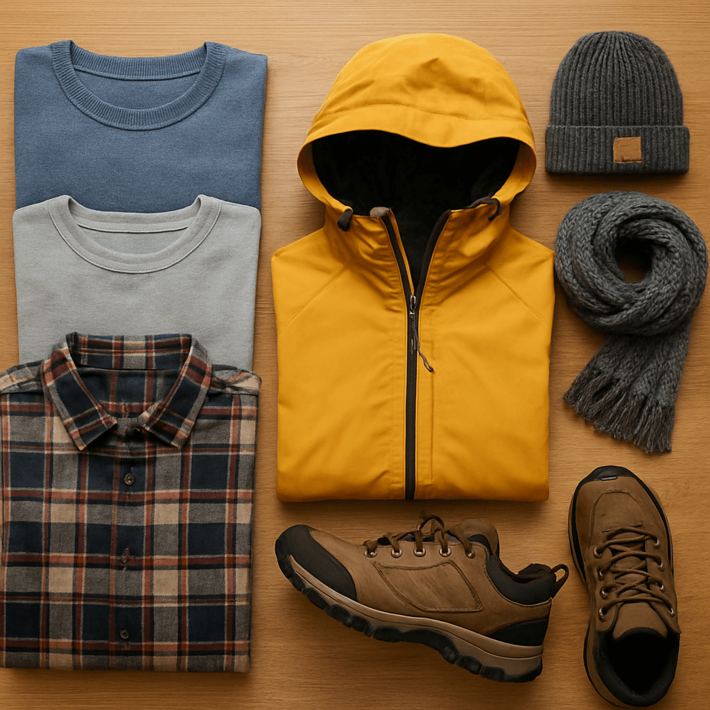 Practical Tips for a Smooth Norway Trip: Packing flat lay with layered clothing, waterproof jacket, walking shoes, and winter accessories suited to Norway.