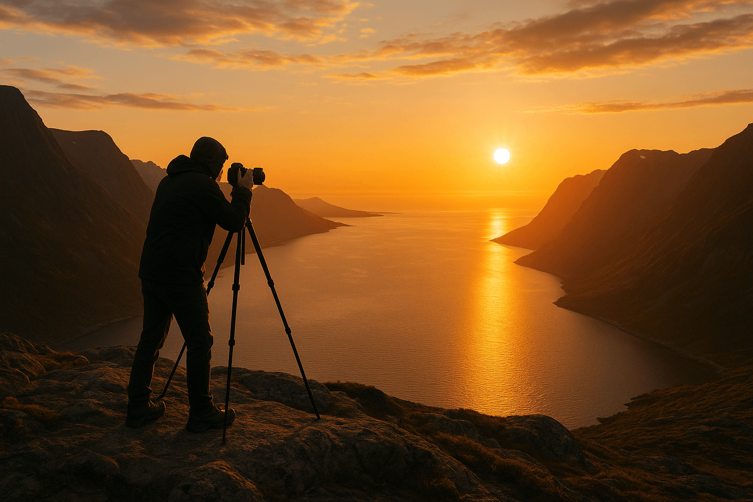 Photography tips for the midnight sun: Photographer capturing the midnight sun with tripod near a fjord, mountain overlook, or Arctic shoreline.