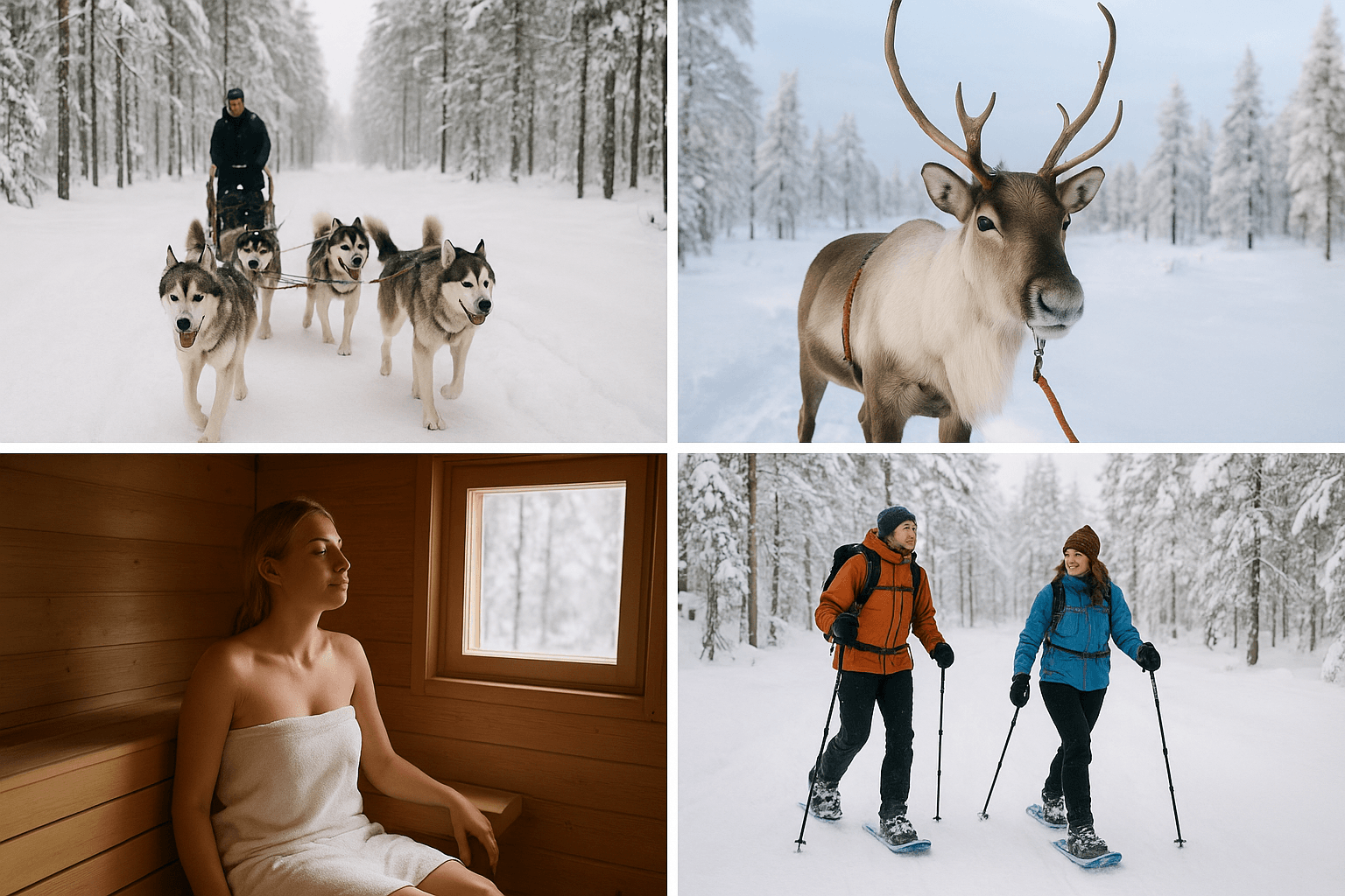 What to do in Lapland: the experiences worth planning around: Collage-style image of core winter activities such as husky sledding, reindeer, sauna, and snowshoeing.