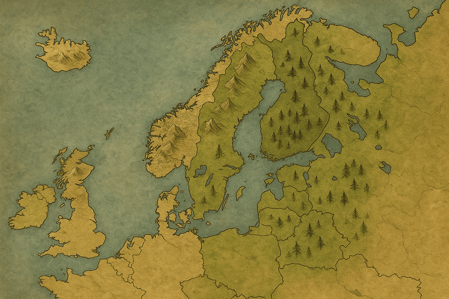 Where troll legends come from in the Nordic countries: Illustration or map-style visual showing the Nordic countries associated with troll folklore, with subtle icons for mountains, forests, and coast