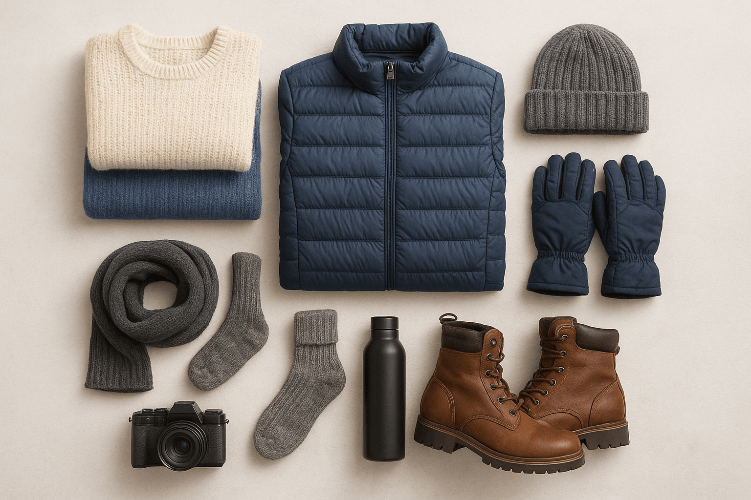 What to pack for Finland and Lapland: Flat-lay packing illustration with layered winter clothing, boots, gloves, hat, camera, and thermal accessories.