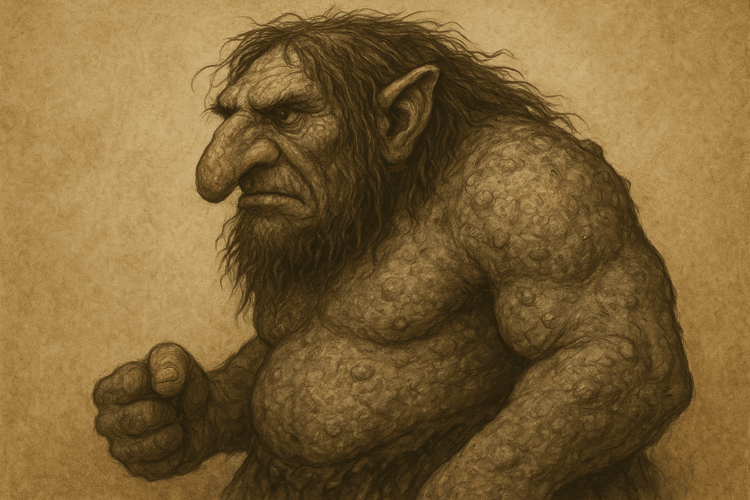 Physical appearance: how trolls are usually described: Folklore-style illustration comparing common troll traits such as oversized build, rough hair, long nose, and stone-like skin.