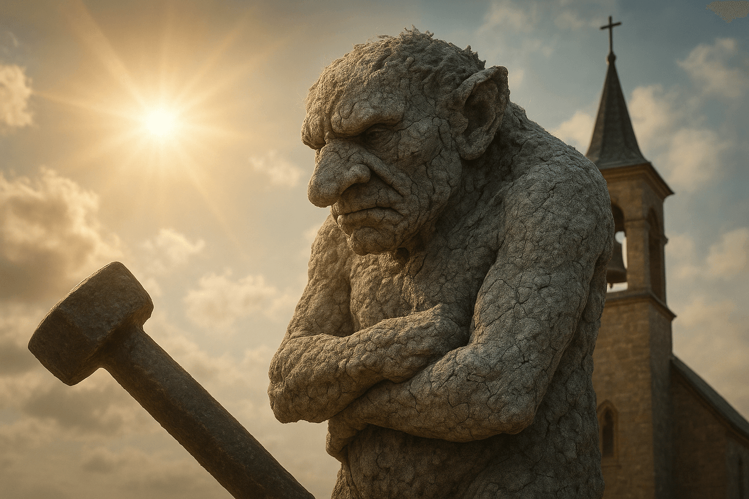 Strengths and weaknesses in Nordic folklore: Concept image showing sunlight, iron, and church bells as symbolic weaknesses alongside a troll figure turning to stone.