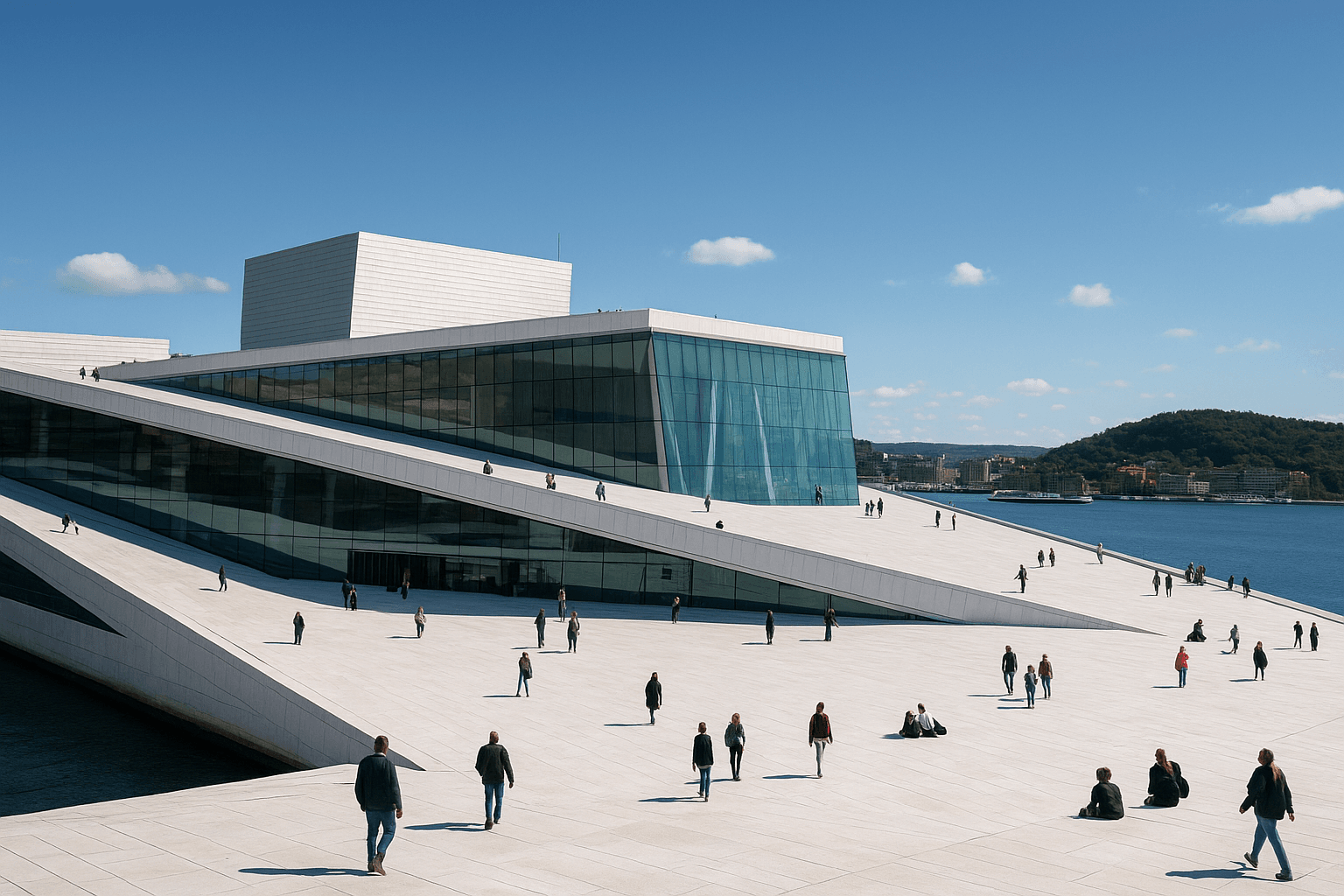 Top things to do in Oslo: Illustration or photo of the Oslo Opera House with people walking on the sloped roof and the harbor in the background.