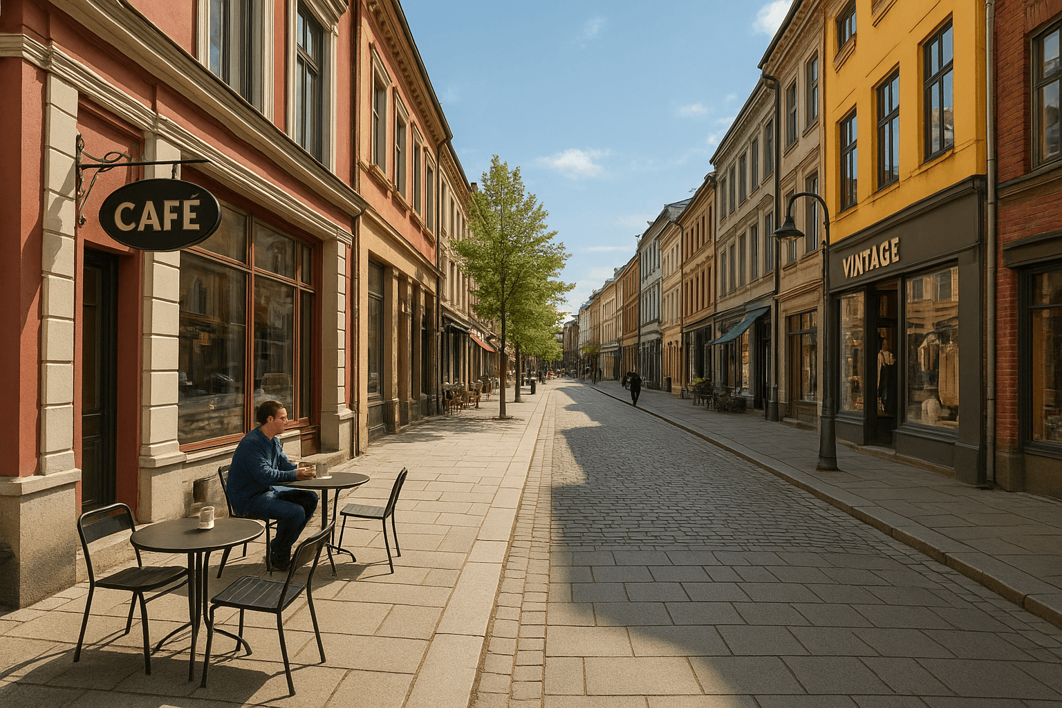 Best Neighborhoods and Areas to Explore: Map-style or street-scene image of a walkable Oslo district with cafés, shops, and clean urban design.