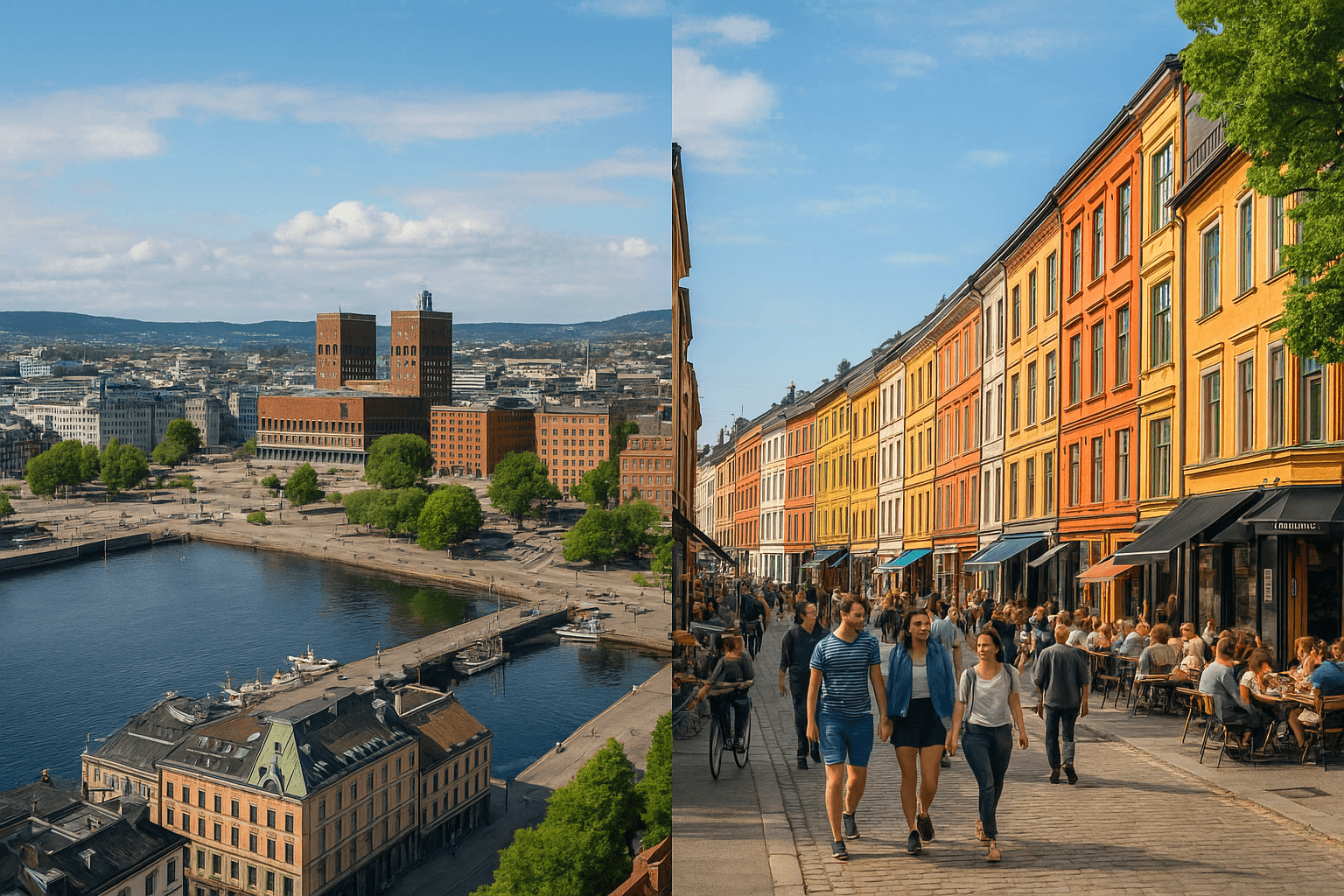 Neighborhoods and areas worth exploring: Map-style or street scene image contrasting central Oslo with a lively neighborhood such as Grünerløkka or Frogner.