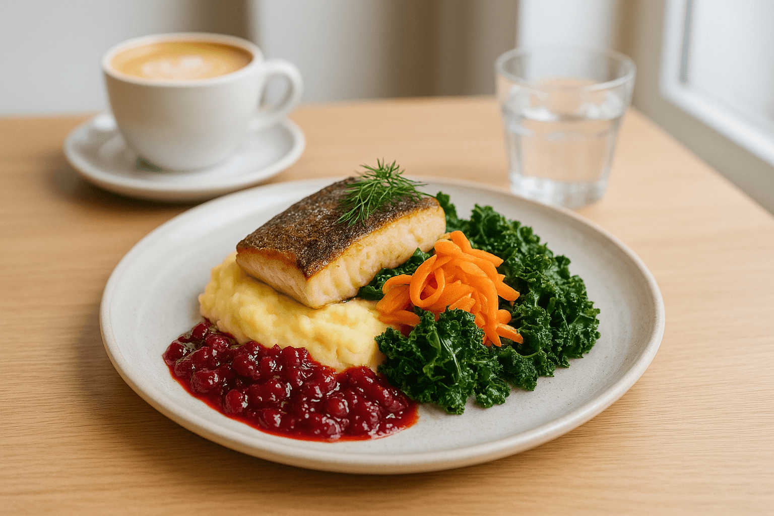 Food, Cafés, and Norwegian Flavors: Close-up image of a Nordic café table or a plated Norwegian dish in a bright, minimalist setting.