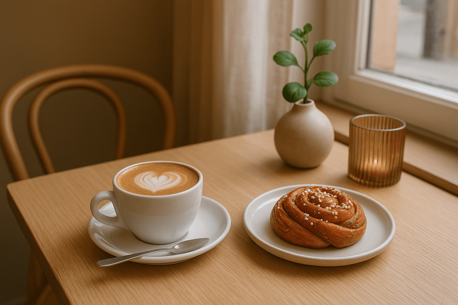 Where to eat, drink, and experience local life: Lifestyle image of a cozy Oslo café or bakery table with coffee, cinnamon bun, and Nordic design details.