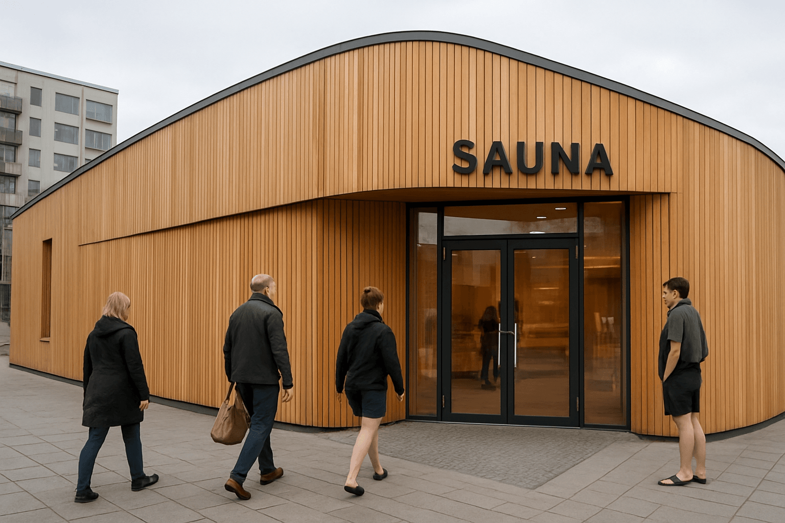 Best places in Finland to try a sauna: Editorial image showing a modern public sauna in Helsinki or Tampere, with exterior architecture and people arriving for a session.