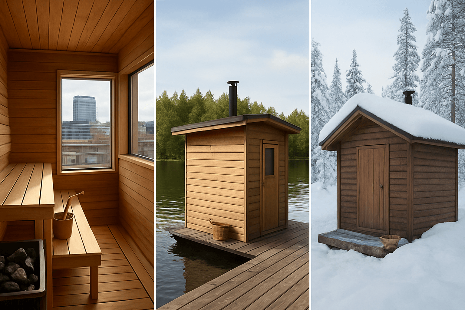 How to choose the right sauna experience for your trip: Comparison-style image or collage of three Finnish sauna settings: urban, lakeside, and Lapland/winter.