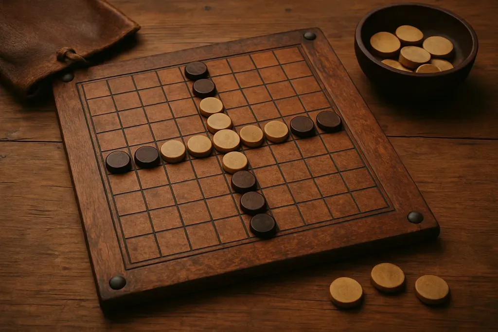Traditional Norwegian games worth knowing: Illustration of a historical board or strategy game such as hnefatafl, styled with Nordic wood, leather, and simple game pieces.
