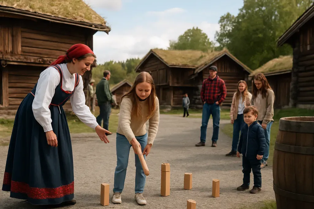 Where to experience Norwegian games as a traveler: Photo of a Norwegian heritage museum or festival scene where visitors can try a cultural game activity.