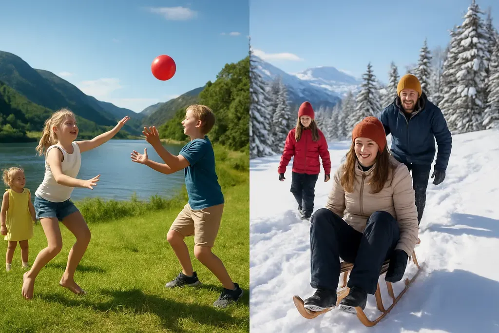 Best times of year to join in: Seasonal image contrasting summer outdoor play and winter snow games in Norway.