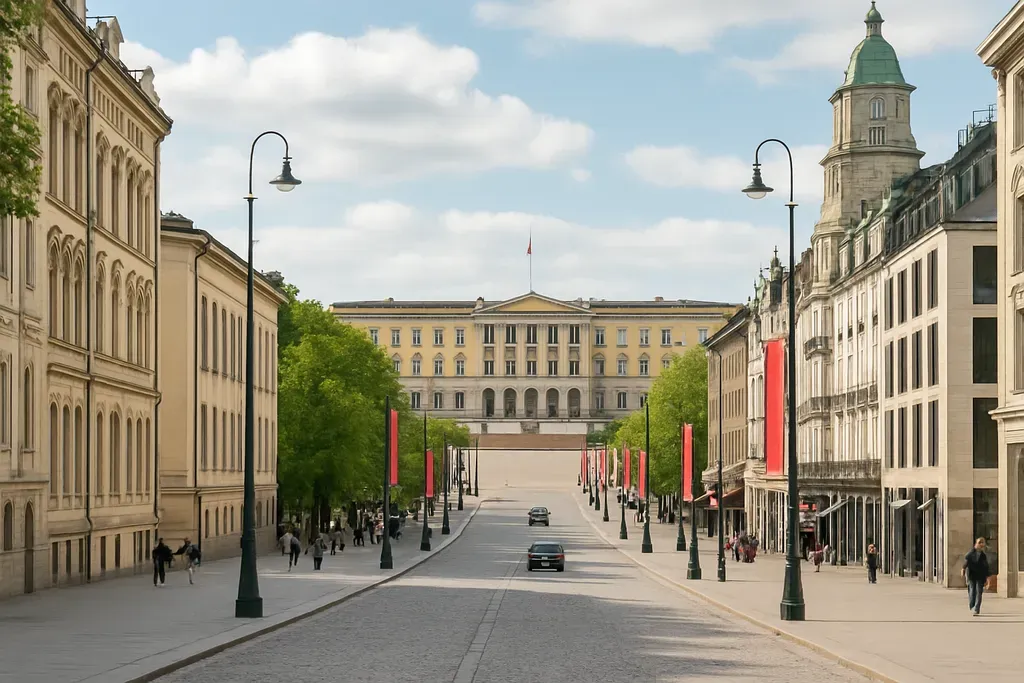 Top Sights in Central Oslo: A clean map-style or streetscape image showing Karl Johans gate leading toward the Royal Palace and central landmarks.