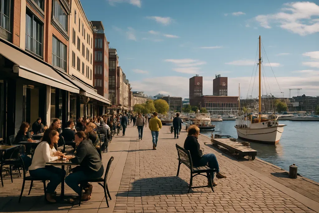 Neighborhoods and Waterfront Areas to Explore: A lifestyle image of Aker Brygge or Grünerløkka that shows cafés, harbor seating, and everyday city life.