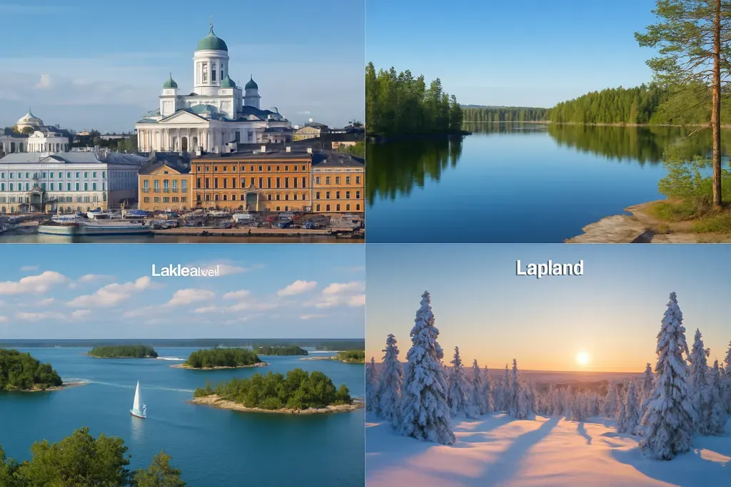 Best places to include on a first Finland itinerary: Illustration or photo collage of Helsinki, Lakeland, the Finnish Archipelago, and Lapland to help readers compare regions visually.