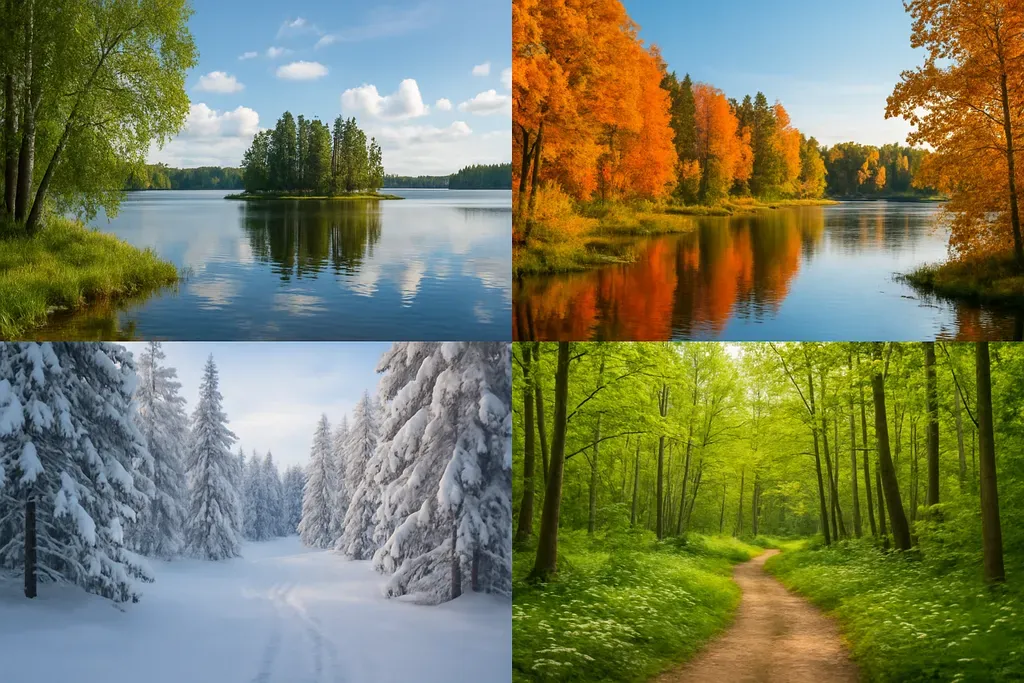 When to visit Finland: Seasonal image concept showing Finland across summer, autumn, winter, and spring, emphasizing light, snow, and forest colors.