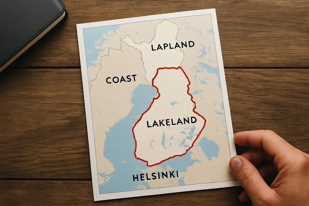 How to get around Finland: Map-style visual of key Finland routes between Helsinki, Lakeland, the coast, and Lapland.