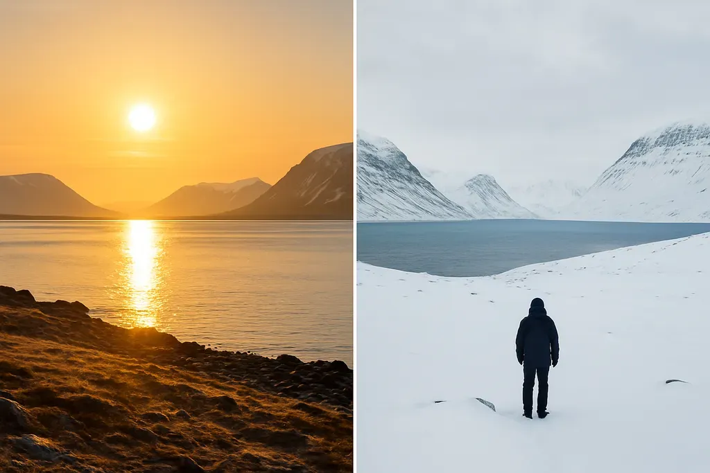When is the best time to visit Spitsbergen?: Seasonal comparison image showing bright midnight sun conditions versus snowy winter scenery in Spitsbergen.