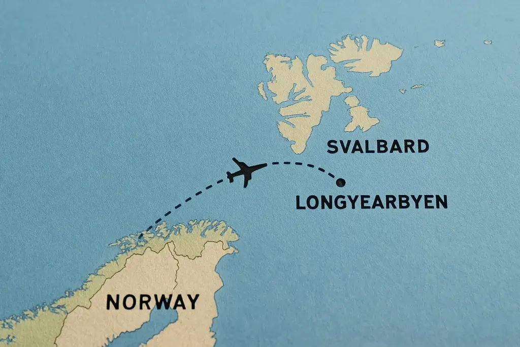 How to get to Spitsbergen from mainland Norway: Map-style visual showing Norway, the flight route to Longyearbyen, and the Svalbard archipelago.