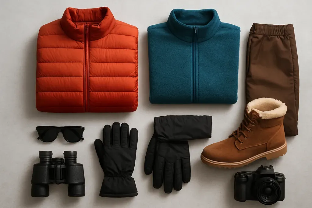 What to pack for a trip to Spitsbergen: Flat lay of Arctic travel essentials: insulated layers, boots, gloves, sunglasses, binoculars, and camera gear.