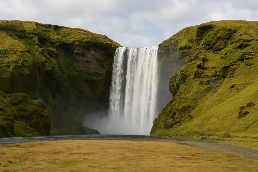 Why Skógafoss Deserves a Stop: Wide scenic image that captures the waterfall’s scale from a distance with the cliff face and open plain visible.