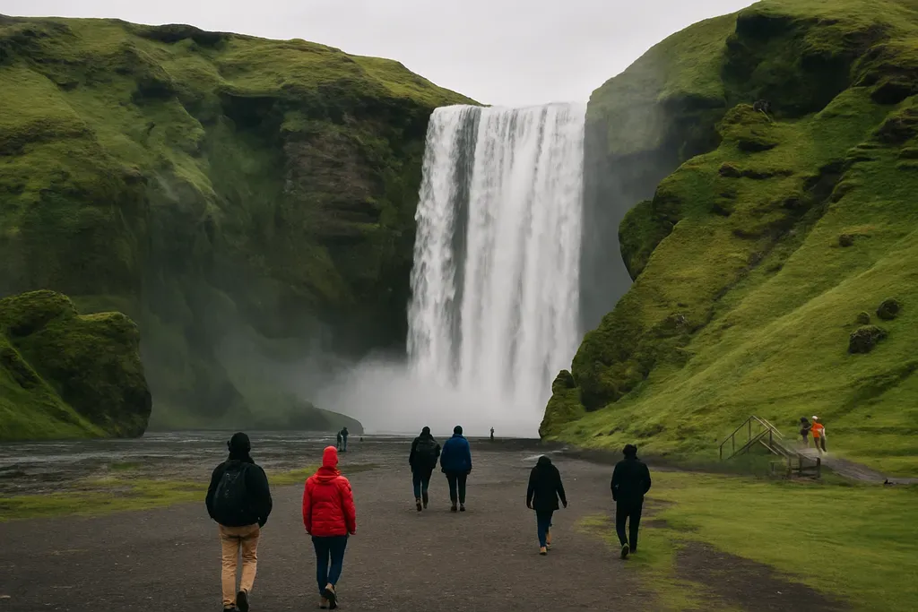 What to Do at Skógafoss: Photo of visitors near the base viewpoint or the staircase to show the two main ways to experience the falls.