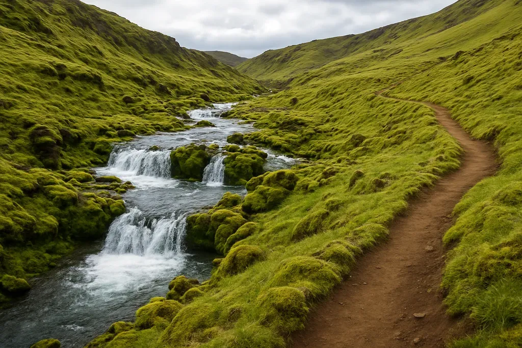Hiking the Waterfall Way Beyond the Falls: Illustration of the river trail above Skógafoss with smaller cascades, mossy terrain, and a sense of route continuation.