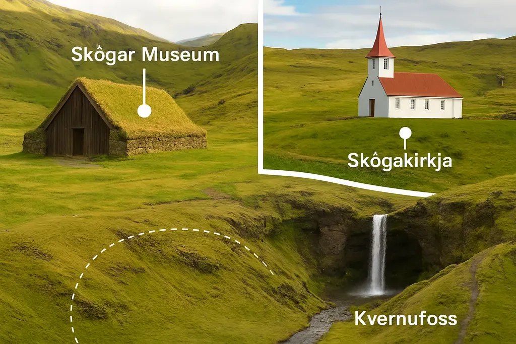 Nearby Places to Combine with Skógafoss: Map-style visual or collage featuring Skógar Museum, Skógakirkja, and Kvernufoss as nearby add-ons.