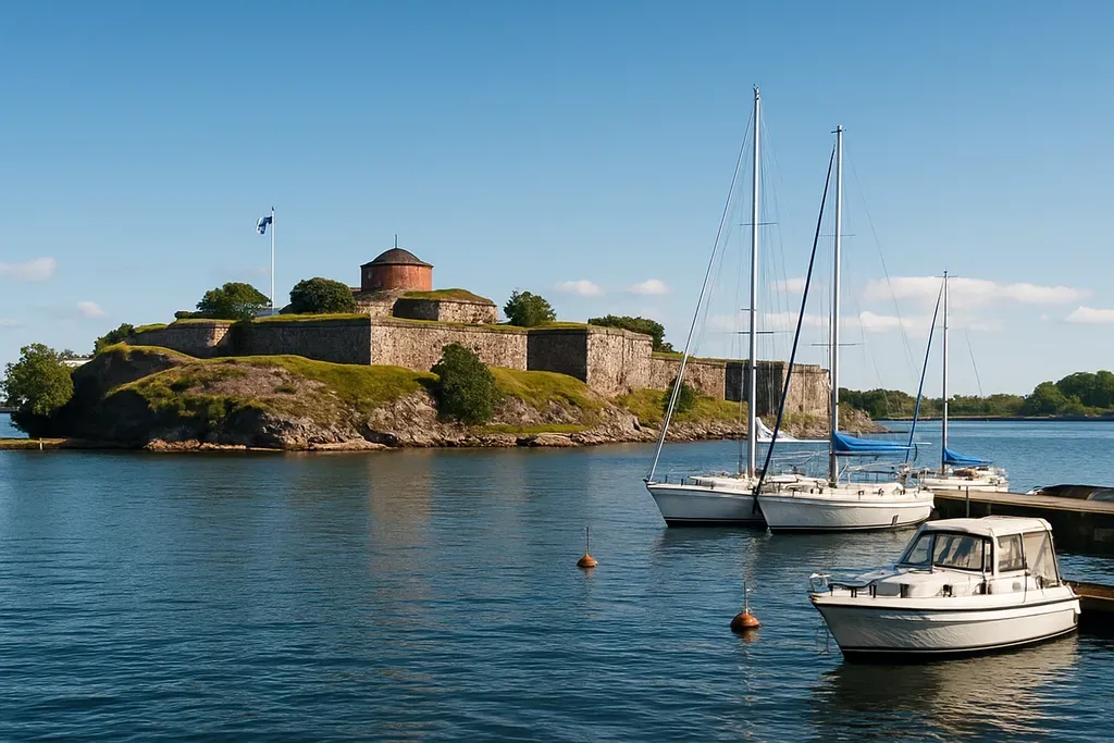 Top Places to See in Helsinki: A scenic harbor view with a historic fortress island, calm Baltic water, moored boats, and stone ramparts under a clear Nordic sky, with no readable text or labels.