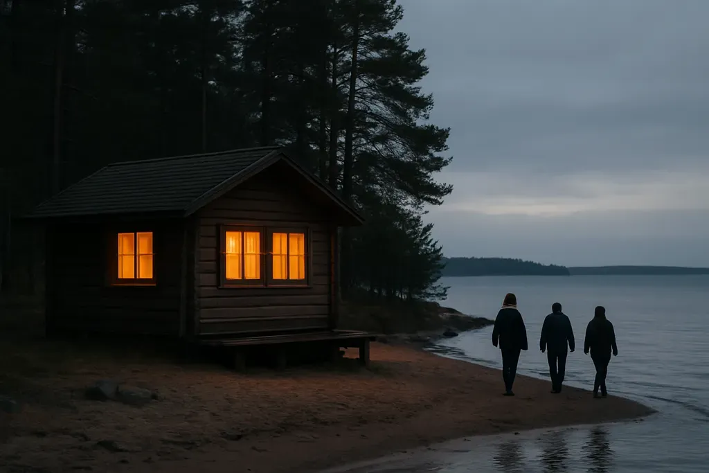 Nature, Saunas, and the Helsinki Way of Life: A wooden seaside sauna building beside dark pine trees and a quiet shoreline, with warm light glowing from the windows and a few people walking toward the