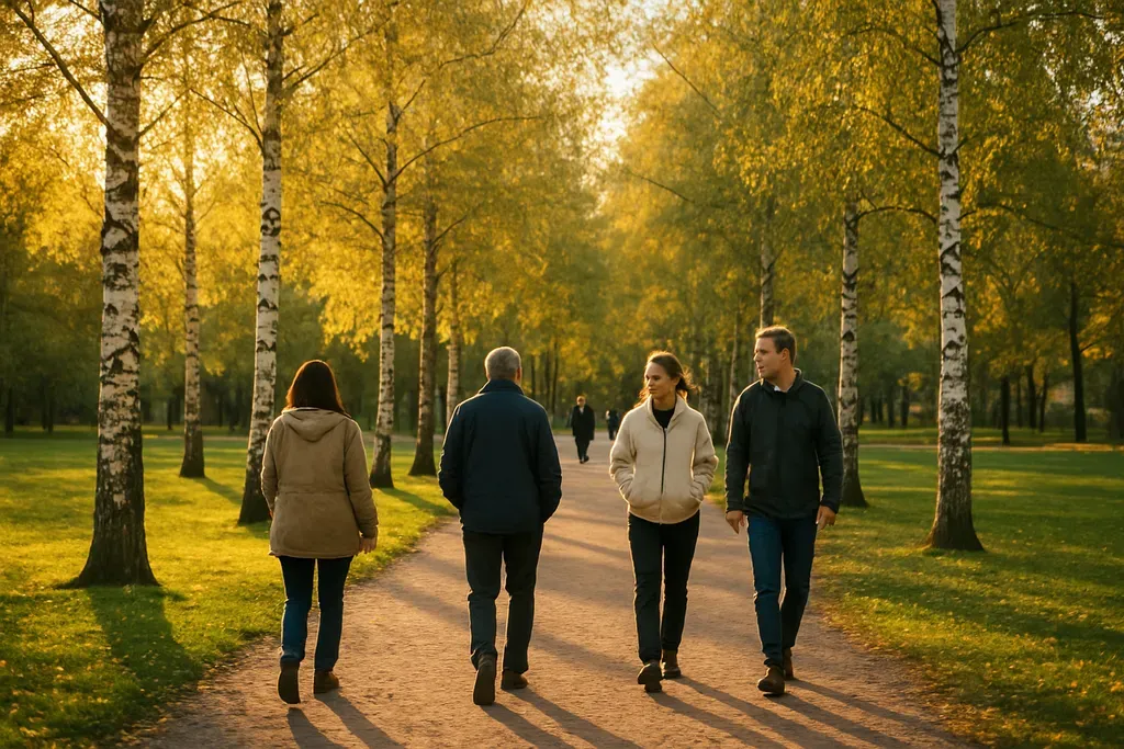 When to Visit Helsinki: A seasonal city park scene in Helsinki with people in light jackets walking among birch trees and lingering evening sunlight, showing a fresh Nordic atmosphere without any sign