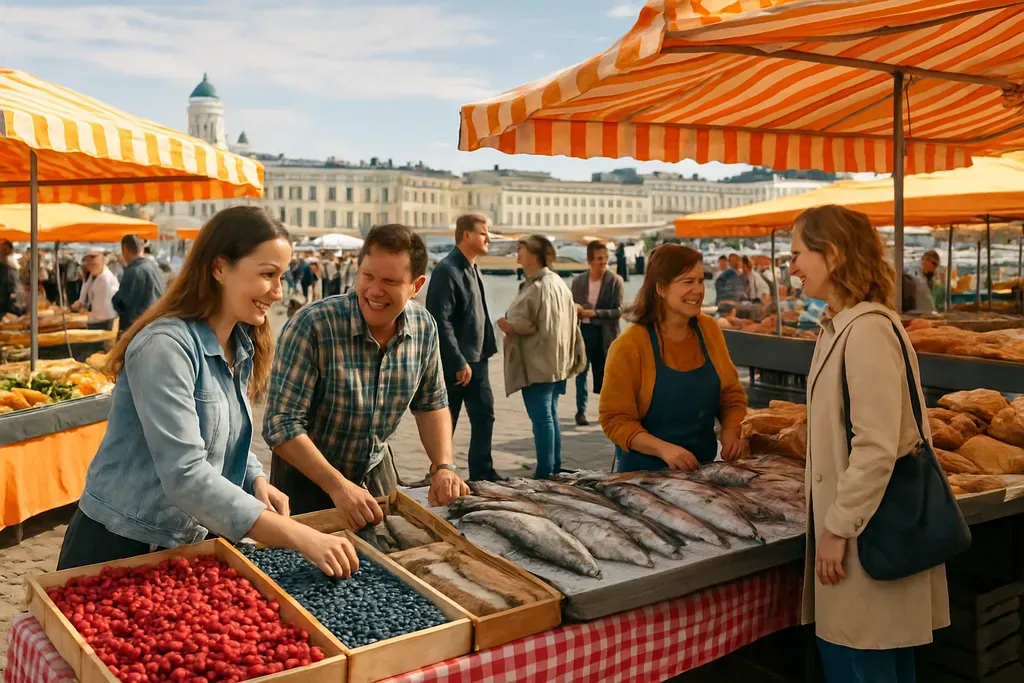 How to Get Around, Eat, and Plan Well: A lively open-air market by the waterfront with fresh berries, fish, bread, and shoppers chatting near stalls, photographed as a realistic street scene with no r