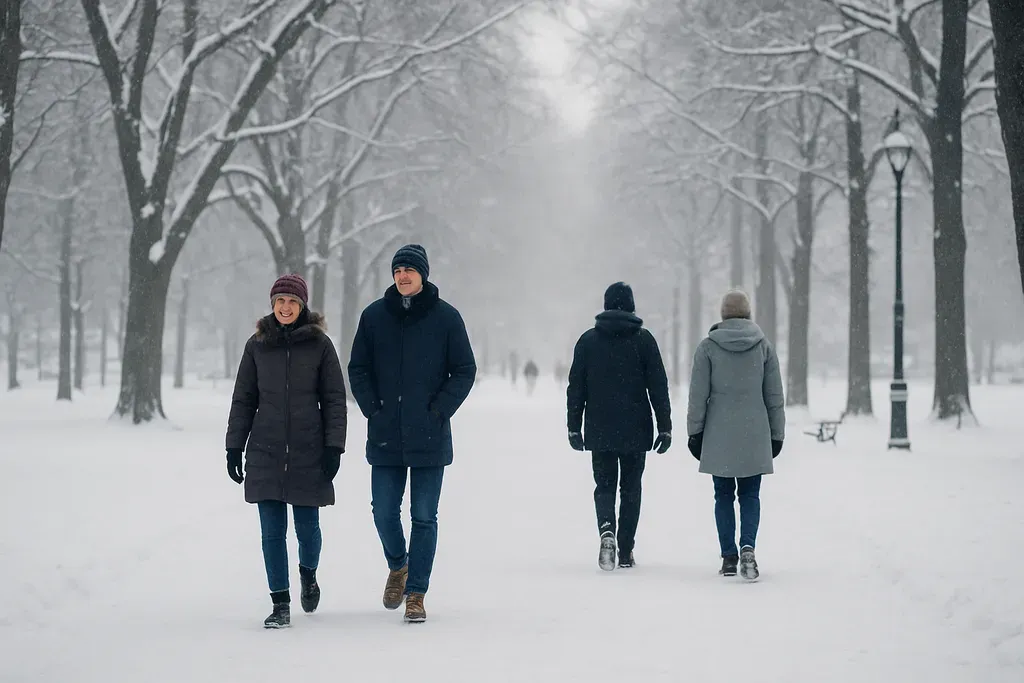 When to visit Oslo and what each season feels like: A real-life winter scene in Oslo with people wearing coats and hats walking through a snowy park near bare trees, soft overcast light, no signs or w