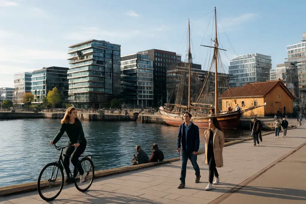 The best areas and sights to include in an Oslo city break: A street-level photograph of the Oslo waterfront near modern buildings and historic harbor edges, with pedestrians and bicycles, no readable