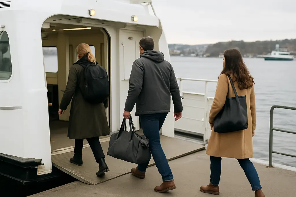 How to get around Oslo without wasting time: A candid photo of travelers stepping onto a public ferry at an Oslo pier, showing coats, bags, and water in the background, no ticket machines or readable