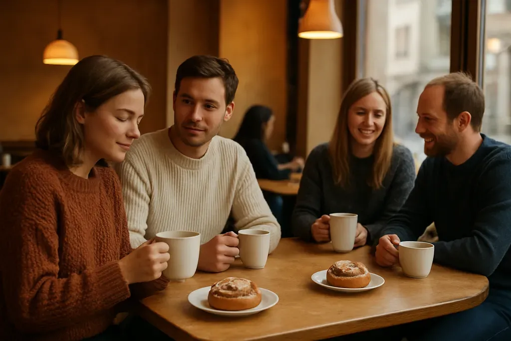 Food, museums, and local experiences that feel distinctly Norwegian: A cozy Nordic café scene in Oslo with people sitting at a wooden table, cups and pastries visible, warm interior light, no menus, l