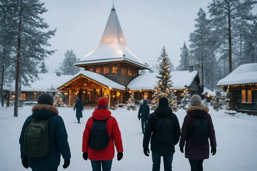 Rovaniemi, Finnish Lapland: the most famous answer: A snowy outdoor scene in Rovaniemi with a traditional wooden entrance area, people in winter clothing walking toward a festive village atmosphere, a