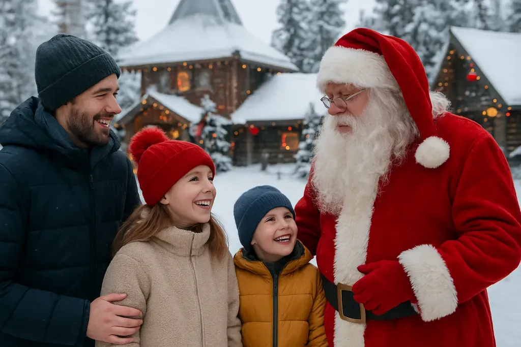 What to do in Santa Claus Village: A candid photograph of a family meeting a man dressed as Santa outdoors in a snowy Nordic setting, with children smiling and winter decorations in the background; no