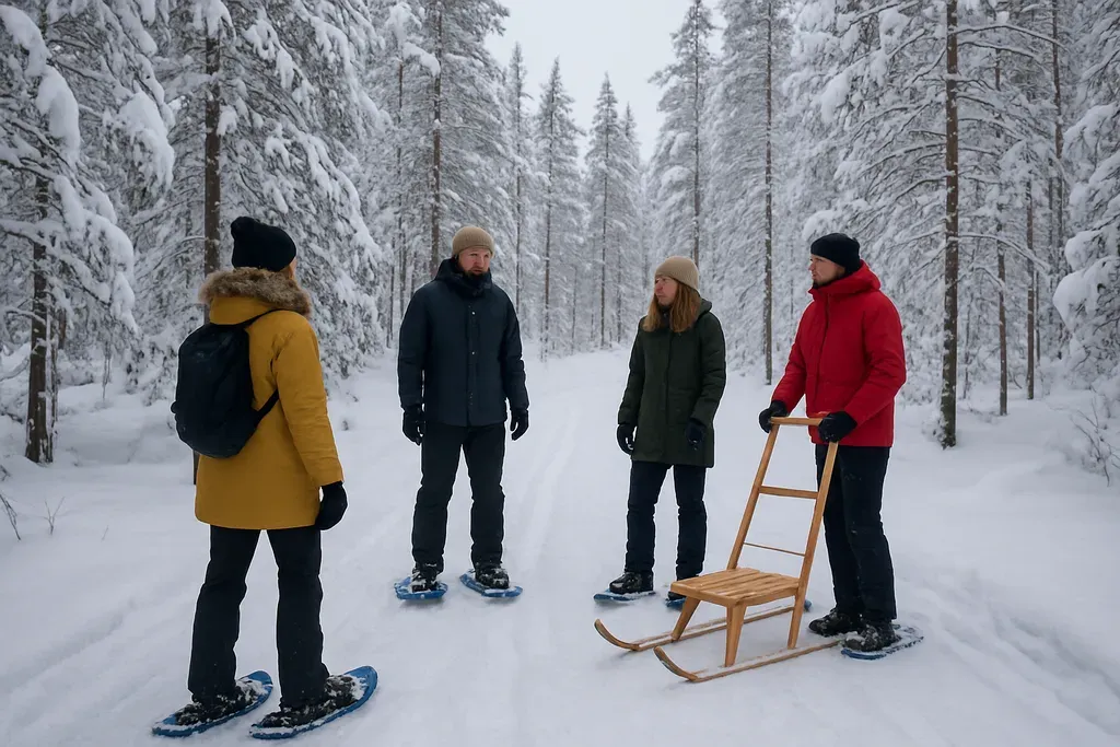 Other places in Finnish Lapland to look for Santa magic: A scenic Arctic forest in Lapland with a small group of travelers on snowshoes or standing beside a sled trail, showing quiet winter nature; no