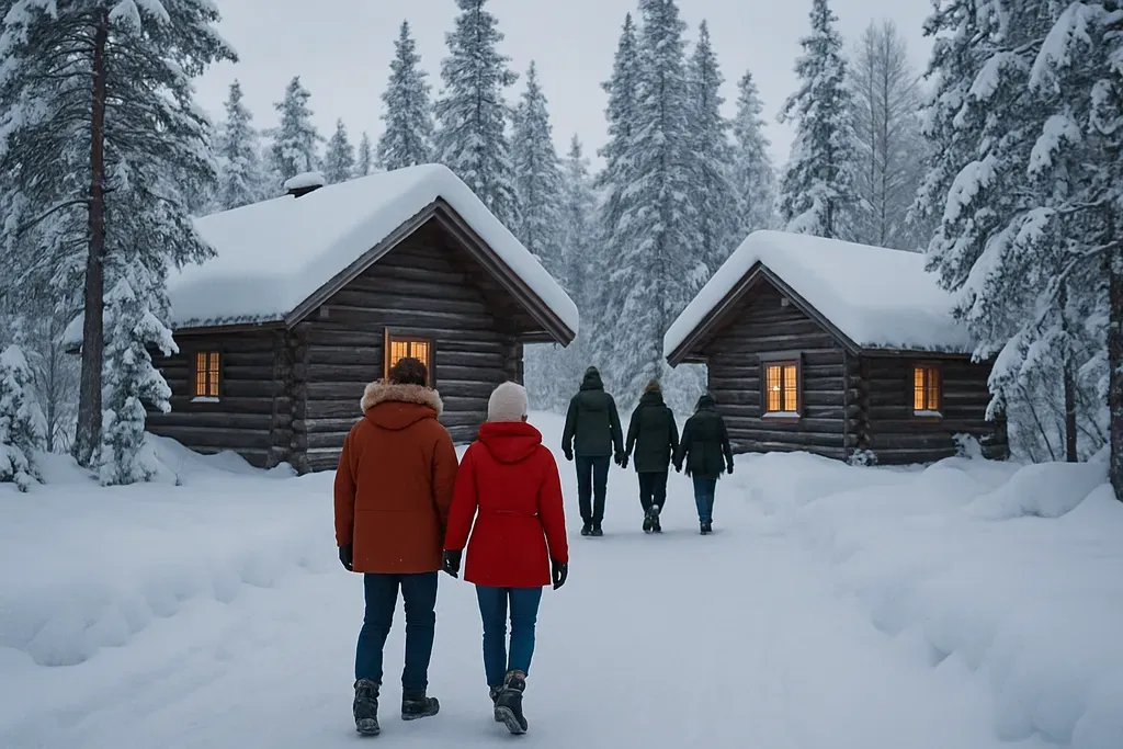 Santa-style winter experiences in Norway and Sweden: A Nordic winter resort scene with people walking near snow-covered cabins and pine trees, conveying a cozy Arctic holiday mood; no readable labels,