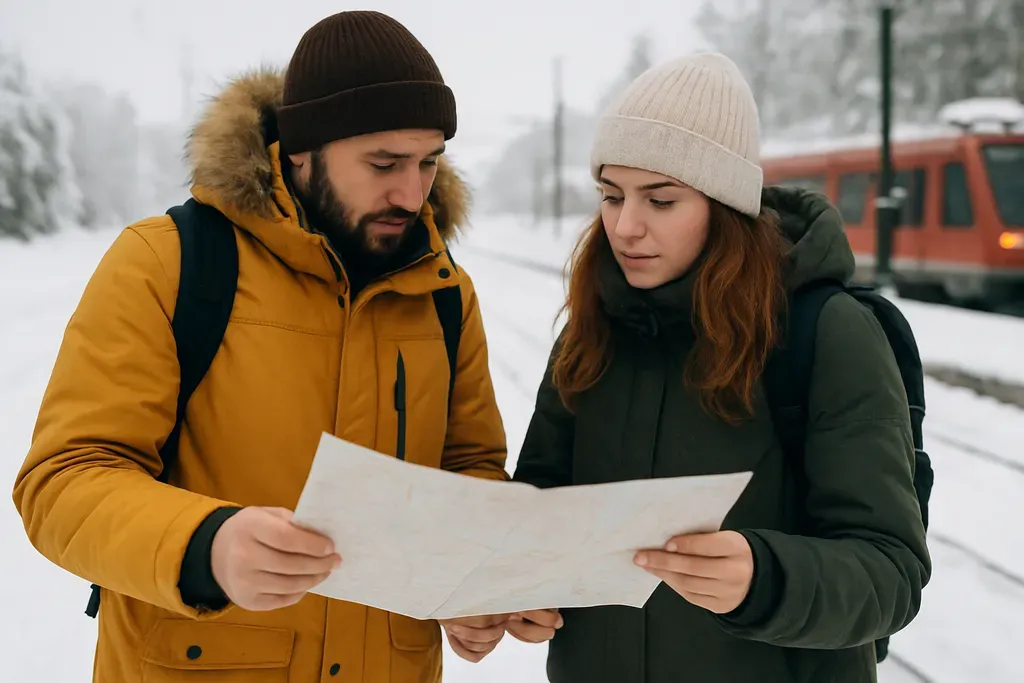 How to get there and plan your trip: Two travelers in heavy winter coats studying a folded paper map outdoors near a snowy train platform, with the map intentionally out of focus and no readable text.