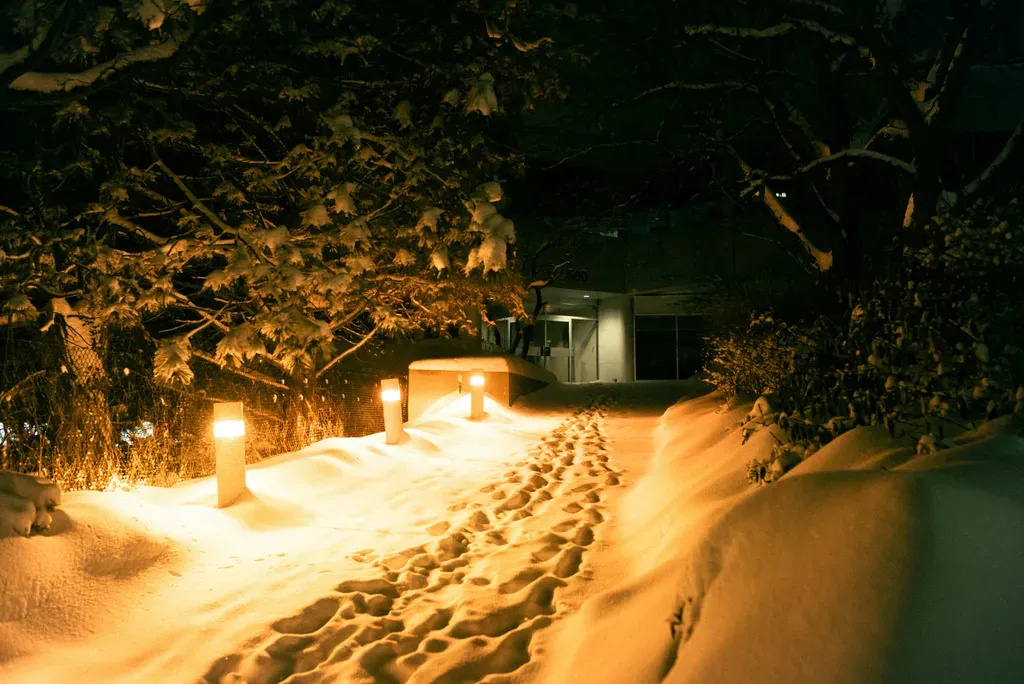 A snow covered path with a street light at night