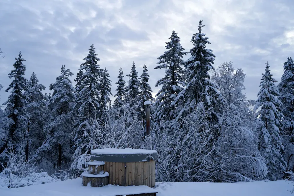 Tranquil winter forest scene with snow-covered trees and a rustic wooden hot tub, perfect for relaxation.