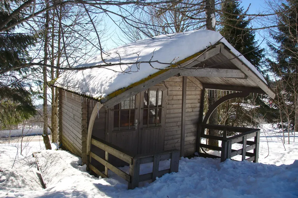 A charming wooden cabin surrounded by snow and trees, capturing the essence of winter tranquility.
